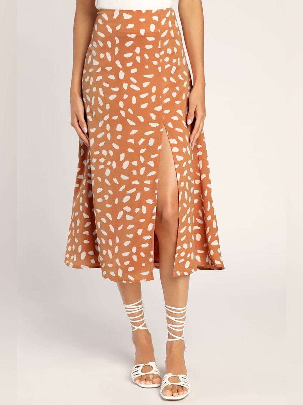 Lulus Getting Glam Peach Print Slit Midi Skirt Size XS NWT - Picture 2 of 11